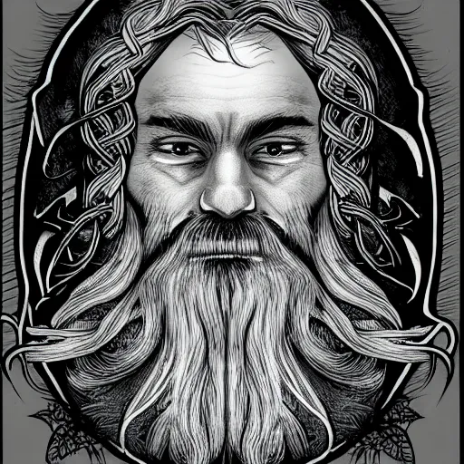 Image similar to bearded male druid gray face pointy ears with vines as hair drawing