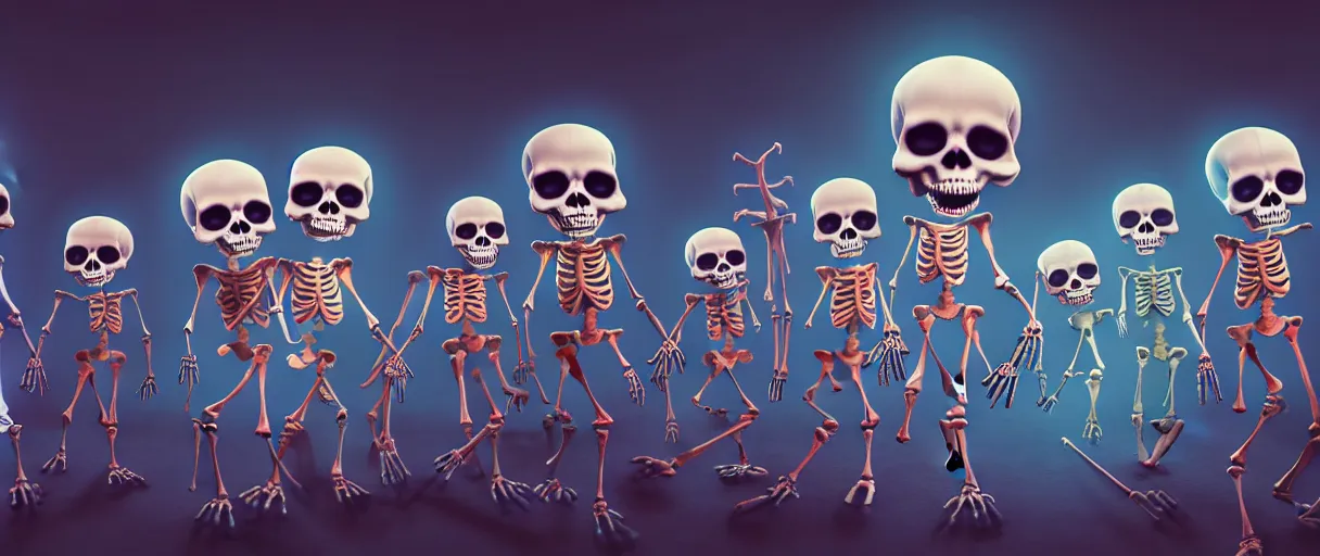 Image similar to hyperrealistic very cute multicolored skeletons breaking bones jason limon concept art dramatic blue lighting wide angle hd 8k sharp shallow depth of field