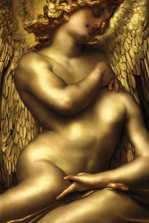 Prompt: Fallen angel by Alexandre Cabanel, face, closeup, ultra detailed, made in gold, Guido Reni style