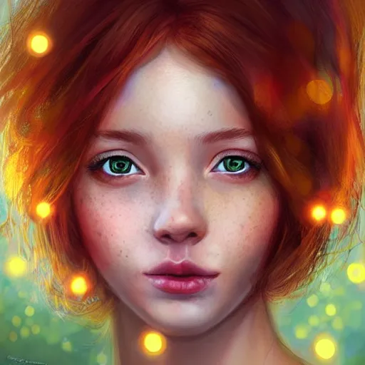 Image similar to photorealistic portrait of a red haired girl among fireflies, with a round beautiful face, amazed soft smile, long hair, green eyes, hint of freckles, golden ratio, intricate details, colorful digital art by artgerm