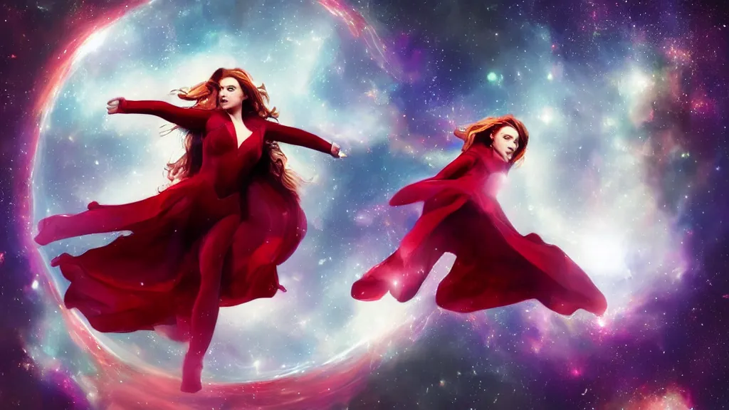 Image similar to a beautiful Scarlett witch, floating in space, stars, galaxy, HDR, dreamscape, dramatic lighting, fantasy art illustration, trending on artstation, Aetherpunk