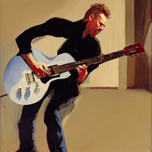 Prompt: a portrait of james hetfield playing guitar, by gregory manchess and stanley lau