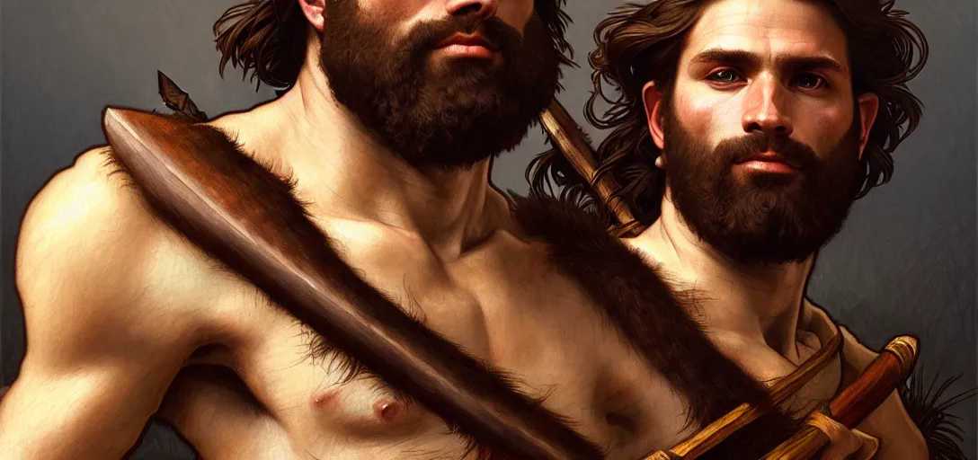 Image similar to renaissance upper body portrait of a gruff ranger with a spear, lean and toned, handsome face, hairy chest, D&D, intricate, elegant, highly detailed, digital painting, artstation, concept art, matte, sharp focus, illustration, art by da Vinci, Artgerm and Greg Rutkowski and Alphonse Mucha