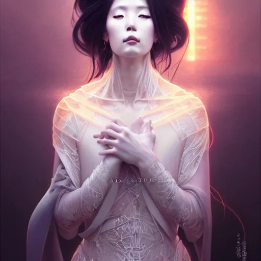 Image similar to ultra realistic illustration, a japanese female digital ghost queen, transparent, static, intricate, elegant, highly detailed, digital painting, artstation, concept art, smooth, sharp focus, illustration, art by artgerm and greg rutkowski and alphonse mucha