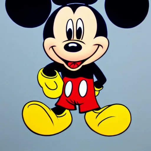 Prompt: drawing of mickey mouse in gloomy style, fear