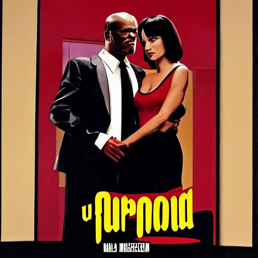 Prompt: movie poster of pulp fiction starring samuel jackson instead of uma thurman