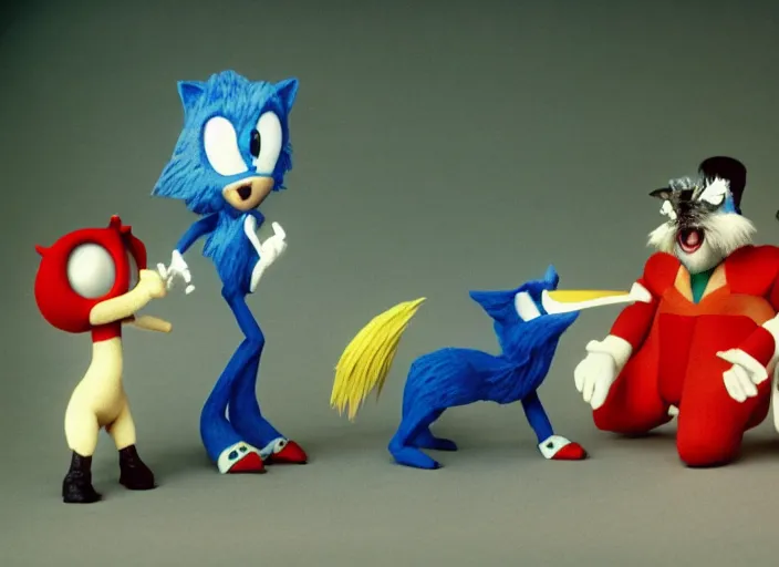 Image similar to still from a 1 9 9 2 live - action stop - motion puppetry tv show by tim burton starring sonic the hedgehog and tails and dr. robotnik and robotic animals in dioramas. everything is made of plasticine, fabric, and other physical materials. photographic ; realistic ; highly - detailed.