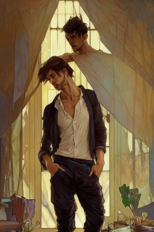 Image similar to full body portrait of a single beautiful young fit man, modern haircut, open shirt, large pants, bare feet, by greg rutkowski and alphonse mucha, d & d character, in front of a modern room background, highly detailed portrait, digital painting, artstation, concept art, smooth, sharp focus ilustration, artstation hq