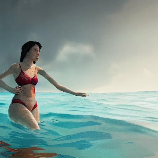 Image similar to a woman, swimming in the ocean, extremely detailed digital painting, in the style of andrey lekarski, rim light, beautiful lighting, 8 k, raytracing, octane, trending on artstation