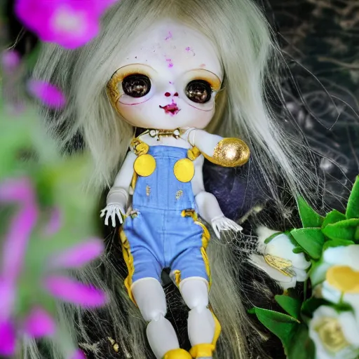 Prompt: lovely realistic ball jointed high end lapis lazuli porcelain with gold inclusions skeleton doll with cute white yellow overalls and cute nature themed accessories, inside gothic doll manor bedroom, god rays, dust particles, photorealistic, aesthetic shot, worms eye view, macro camera lens, high definition, cartoon proportions, cinematic, lens flare