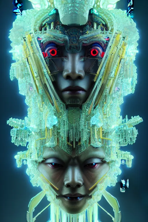 Image similar to asura from chinese myth, ghost, gorgeous and huge head ornaments, dystopian, cyberpunk, organic fractal mycelum and fungi, mecha, halfturn portrait of a big crystal face made of crystals half - turn, ominous, intricate, studio, art by anthony macbain + greg rutkowski + alphonse mucha, concept art, 4 k, sharp focus