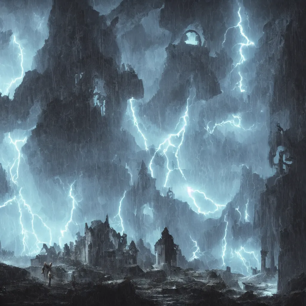 Image similar to a still of a cloaked figure standing in the ruins of crux prime, monastery, there is lightning, blue fiery maelstrom in the distance, it is raining, digital art, artstationhq