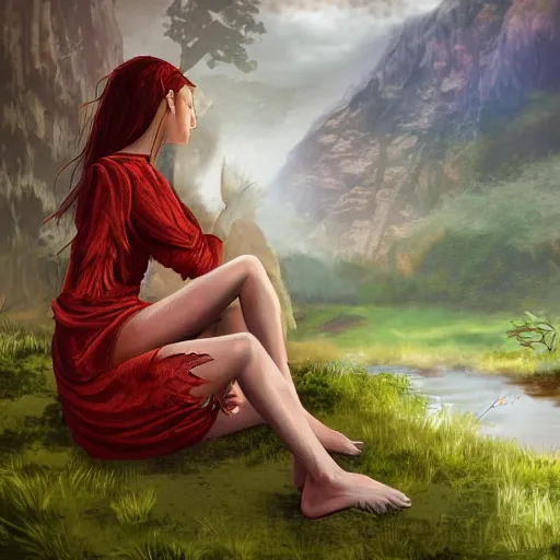 Prompt: prompt Young Harpy-Girl, red feathered wings for arms, humanoid woman, inka clothes, sad expression, sitting at a pond, mountainous area, trees in the background, digital art