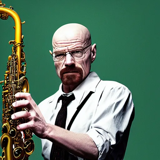 Image similar to walter white playing the saxophone, very detailed, very intricate, 8 k, dslr,