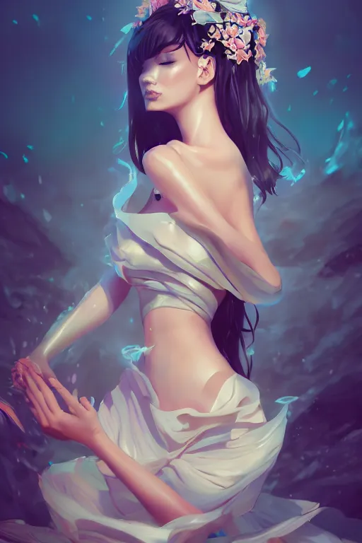 Image similar to a beautiful fashion goddness of love, chic strapless dress, tropical sea background, character design, in the style of artgerm, and wlop, cinematic lighting, hyperdetailed, 8 k realistic, symmetrical, global illumination, radiant light, frostbite 3 engine, cryengine, dof, trending on artstation, digital art