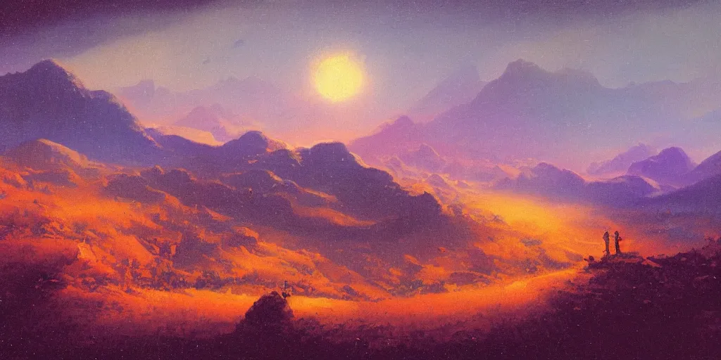 Image similar to a paul lehr narrow night landscape with far away mountains