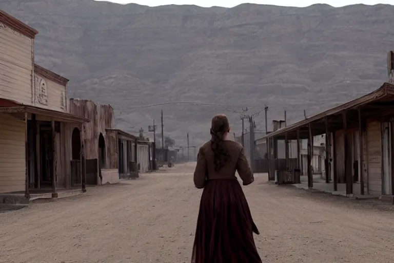 Image similar to dolores, west world, walking through an abandoned western town