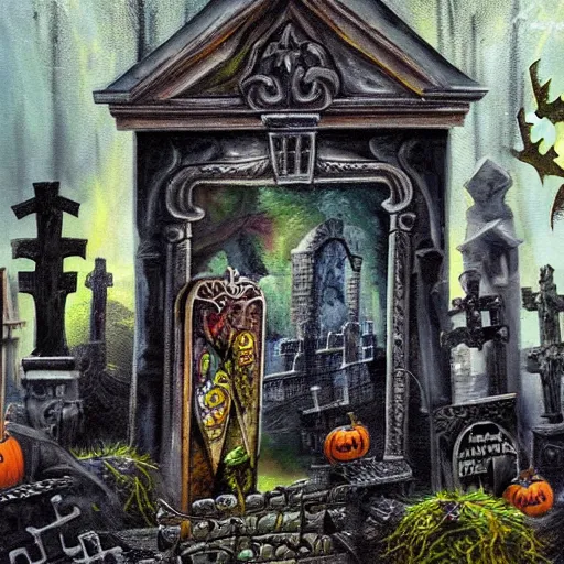 Prompt: oil painting graveyard tombstones, haunted mansion, bats, halloween scene, scary, zombie's, high detail, dark scene