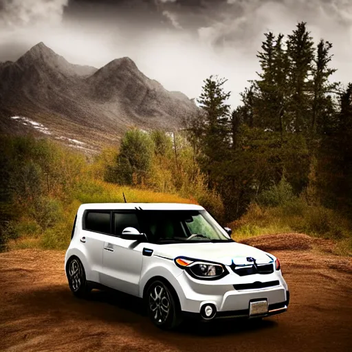 Prompt: Kia Soul, Professional Photography, Skyrim, Off-roading, Mountain landscape, dirt, road, cinematic color, photorealistic, highly detailed wheels, highly detailed
