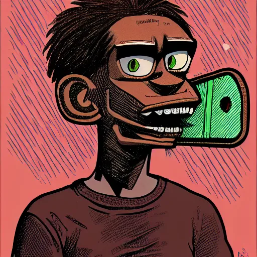 Image similar to a dark brown humanoid, hyper detailed, in the style of jamie hewlett and and jamie hewlett and jamie hewlett, selfie