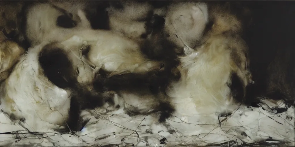 Image similar to white ball, made by swans, feathers, melted. dark atmosphere, dark space. messy image. by andrew wyeth, jenny saville and nicola samori