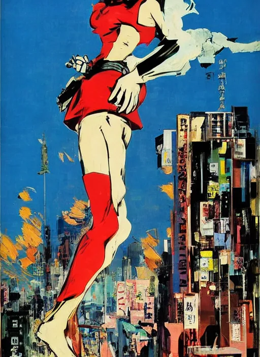 Prompt: attack of the 5 0 foot woman ( 1 9 5 8 ) film as a giant japanese cosplay, girl towering over buildings, by ashley wood, yoji shinkawa, jamie hewlett, 6 0's french movie poster, french impressionism, vivid colors, palette knife and brush strokes, dutch tilt