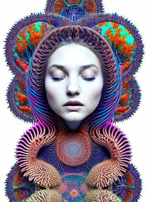 Prompt: ridiculously beautiful young womans face, radiating psychedelics, blooming, portals into dimensions, coral, birds, symmetrical, in the style of ernst haeckel, effervescent, sacred geometry, surrealism, photo realistic, epic and cinematic, 3 d, clear, sharp