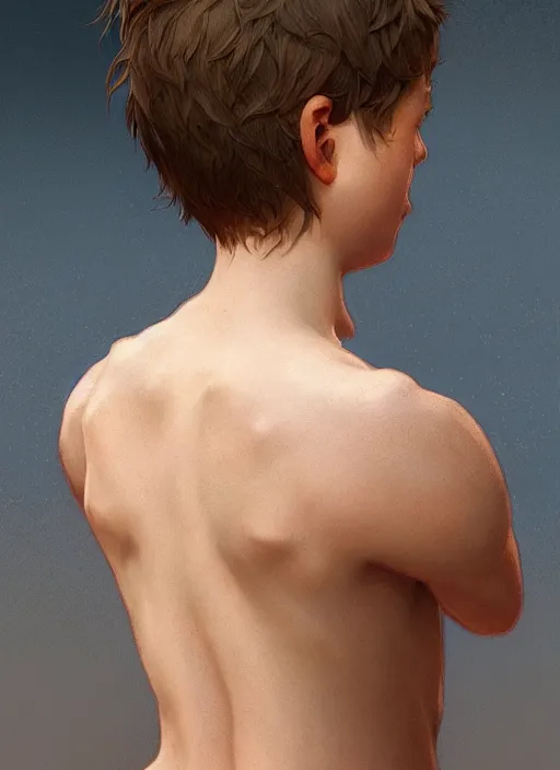 Image similar to perfectly - portrait of a boy from behind, intricate, highly detailed, digital painting, artstation, concept art, smooth, sharp focus, illustration, unreal engine 5, 8 k, art by artgerm and greg rutkowski and alphonse mucha