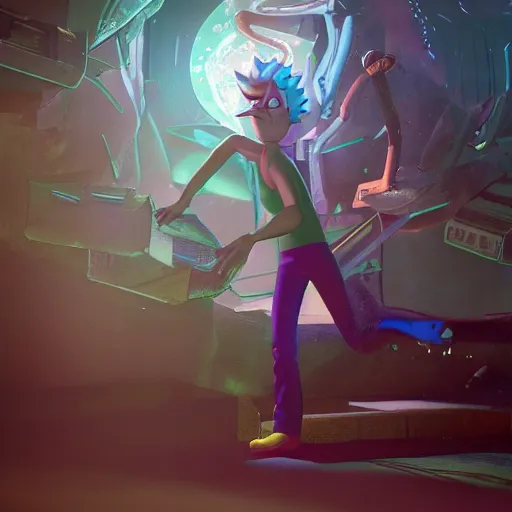 Image similar to full body pose, hyperrealistic photograph of rick sanchez from rick and morty, dim volumetric lighting, 8 k, octane beautifully detailed render, extremely hyper detailed, intricate, epic composition, cinematic lighting, masterpiece, trending on artstation, very very detailed, stunning, hdr, smooth, sharp focus, high resolution, award, winning photo, dslr, 5 0 mm