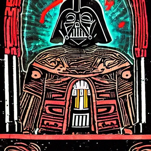 Prompt: ancient aztec art of darth vader inspecting the death star