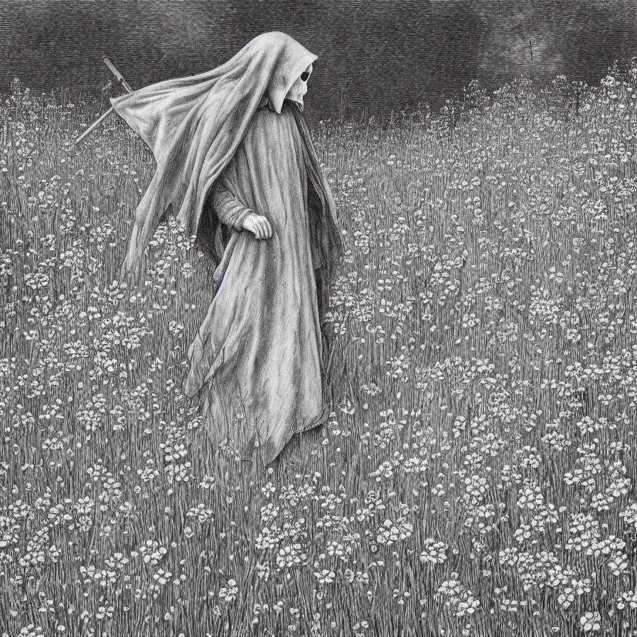 Image similar to grim reaper with no face at distance in beautiful meadow of flowers, detailed pencil illustration by gustave dore, highly detailed, centered, high resolution, smooth, sharp focus, illustration