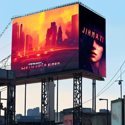 Prompt: joi from blade runner 2 0 4 9 as a giant billboard in the sky 8 k hyperdetailed photorealism hdr