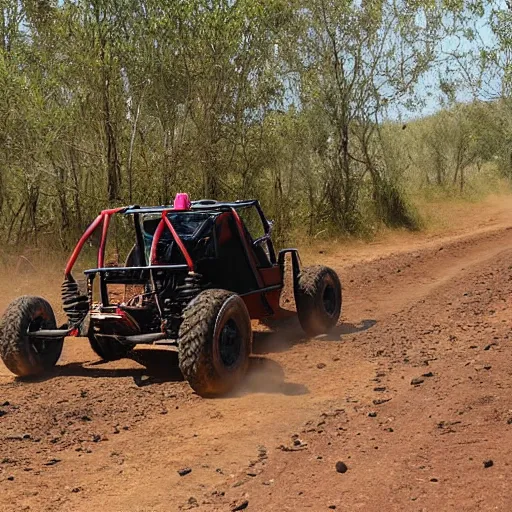 Prompt: nn off road buggy drives towards the viewer along a forest dirt track. the vegetation is sparse scrub. the driver is male and smiling. the buggy has an open frame build with mounted search lights. the sky is cloudy and dust is being thrown up by the buggy's wheels