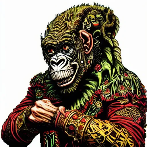 Image similar to barong family member with middle finger up, wiwek, rage, mara demon, one single tribe member, jungle, one single mask, dark, ancient warrior, gorilla, lizard, tribal, inner glow, art by dan mumford and justin gerard