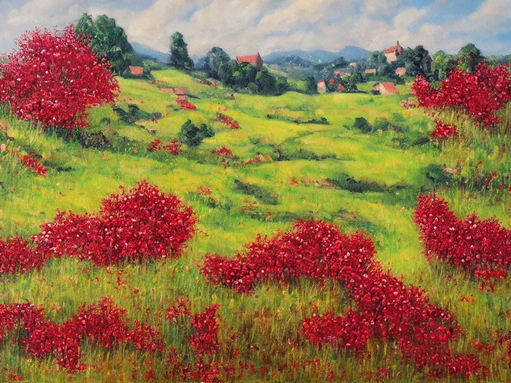 Prompt: Oil painting of blooming rubies, French countryside