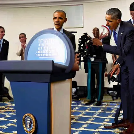 Prompt: barack obama opening his mouth and dumping gallon after gallon of seawater into the white house press briefing room