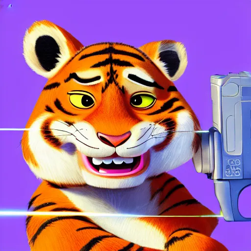 Image similar to “portrait of tiger in the style of the movie zootopia holding a laser gun, 4k, digital art, award winning”