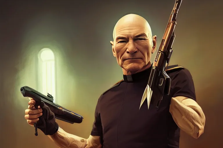 Image similar to portrait of patrick stewart holding an shotgun, star trek set in background, charlie bowater, artgerm, ilya kuvshinov, krenz cushart, ruan jia, realism, ultra detailed, 8 k resolution