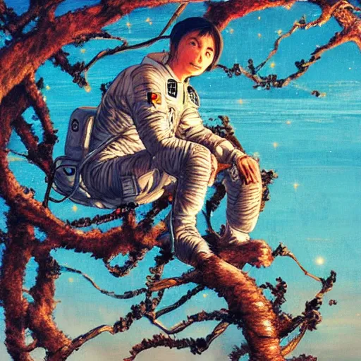 Image similar to Astronaut sitting on the tree, watching sunset, artwork by Ayami Kojima, deviantart contest winner,