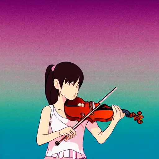 Image similar to cell shaded key visual of a young girl playing the violin in the style of studio ghibli, moebius, makoto shinkai,