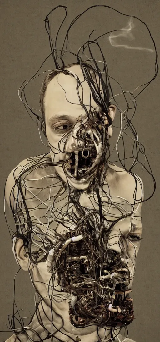 Prompt: disturbing artwork of mark zuckberg being consumed into collection of pipes and wires, body horror, dark, 4K, weird, bizarre, scary
