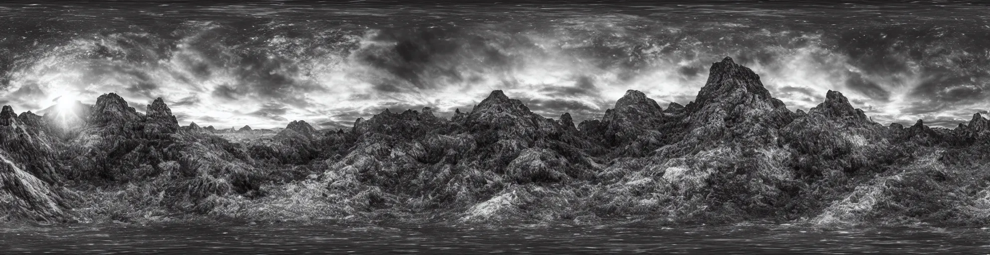 Image similar to spherical panorama photo of fantasy dark magical mountains 5 0 mm
