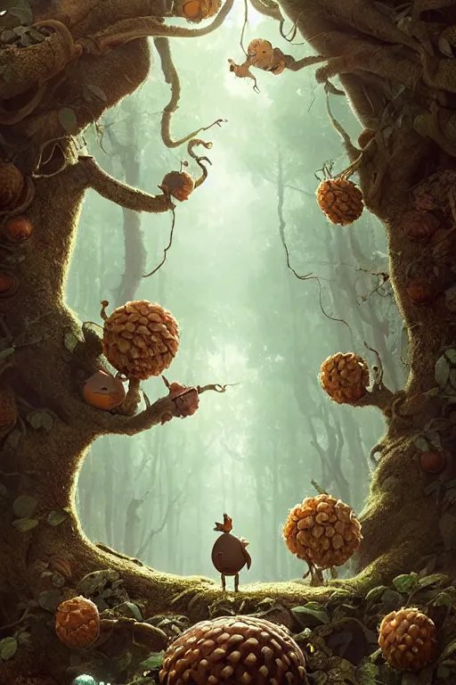 Image similar to round antropomorphic acorn forest adventure movie, cerebri movie poster, by james jean, greg rutkowski, anato finnstark. pixar. hyper detailed, 5 0 mm, award winning photography