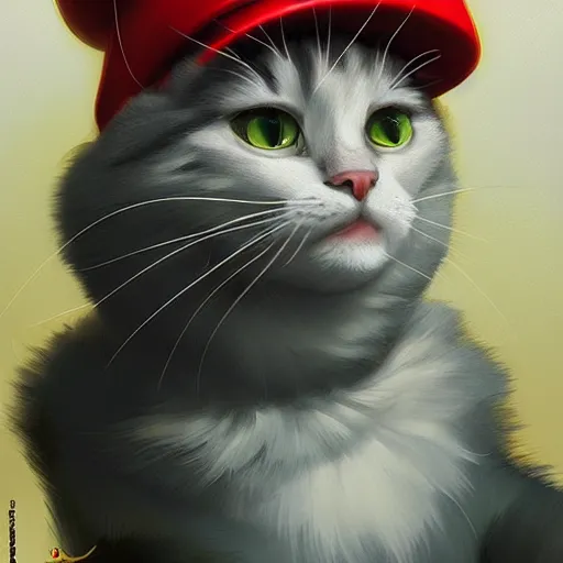 Image similar to Portrait of a Cat dressed as Super Mario, Mario hat, kawaii aesthetic, nintendo, highly detailed, digital painting, artstation, concept art, smooth, sharp focus, illustration, art by artgerm and greg rutkowski and alphonse mucha