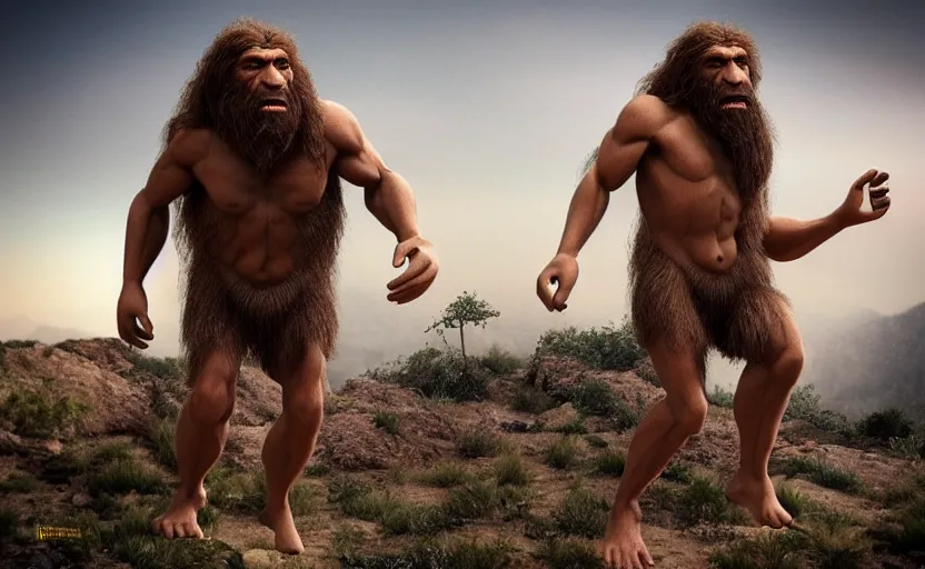 Image similar to made a photorealistic of neanderthal became a prophet and many people follow him, perfect dynamic posture, perfect dynamic pose, perfect dynamic form, pinterest, perfect dynamic position, award winning photo by national geographic, and pulittzer winner, bokeh, reduce duplication interference