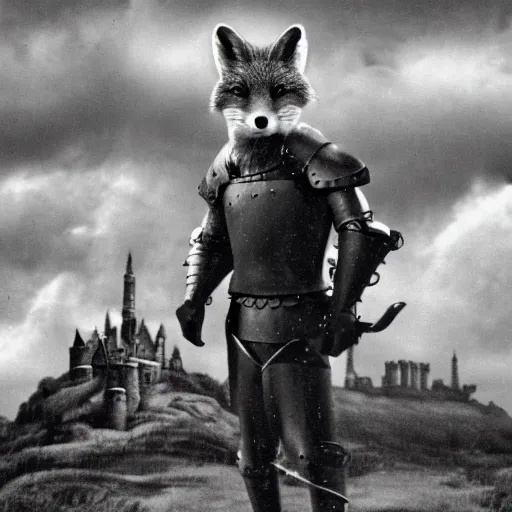 Image similar to anthropomorphic fox!! who i - s a medieval knight holding a swo - rd towards a stormy thundercloud [ 1 9 3 0 s film still ], ( castle in the background )