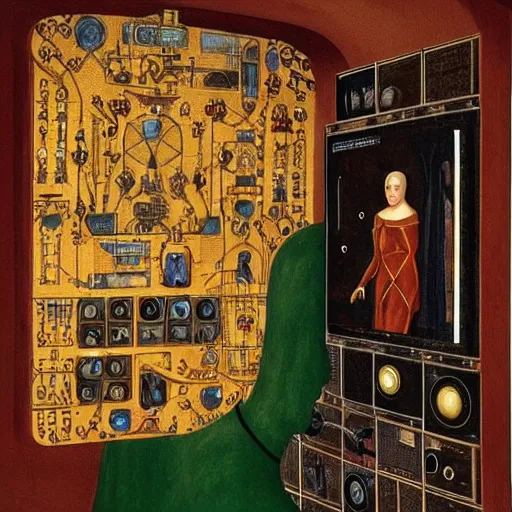 Prompt: a portrait of cyborg queen jacked into a man-machine interface by Jan van Eyck