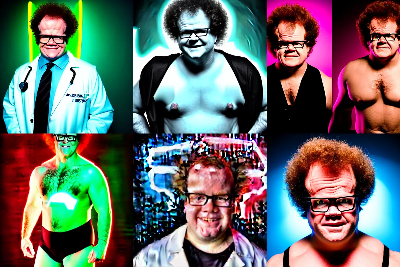 Image similar to Dr Steve Brule as a hunk wrestler, promotional photo, neon studio lighting, highly reflective