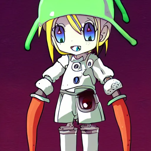 Prompt: cute android humanoid with tomato head and a carrot sword, made in abyss style