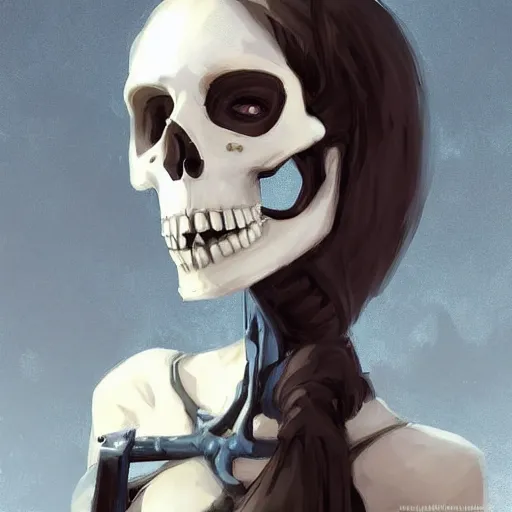 Image similar to portrait of a very cute undead skeleton girl in team fortress 2 style, tragic, elegant, fantasy, hd shot, digital portrait, beautiful, artstation, comic style, by artgerm, guy denning, jakub rozalski, magali villeneuve and charlie bowater